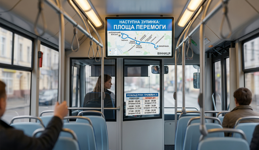 Інтер'єр сучасного вінницького тролейбуса з електронним табло, що показує зупинки, та друкованим розкладом руху маршруту №5.