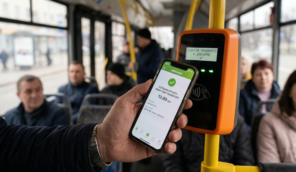 Крупний план безконтактної оплати проїзду смартфоном через валідатор у салоні тролейбуса №5 м. Вінниця.