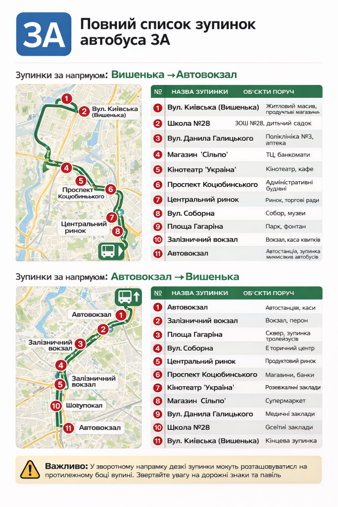 перелік всіх зупинок маршруту 3А у Вінниці у обох напрямках руху