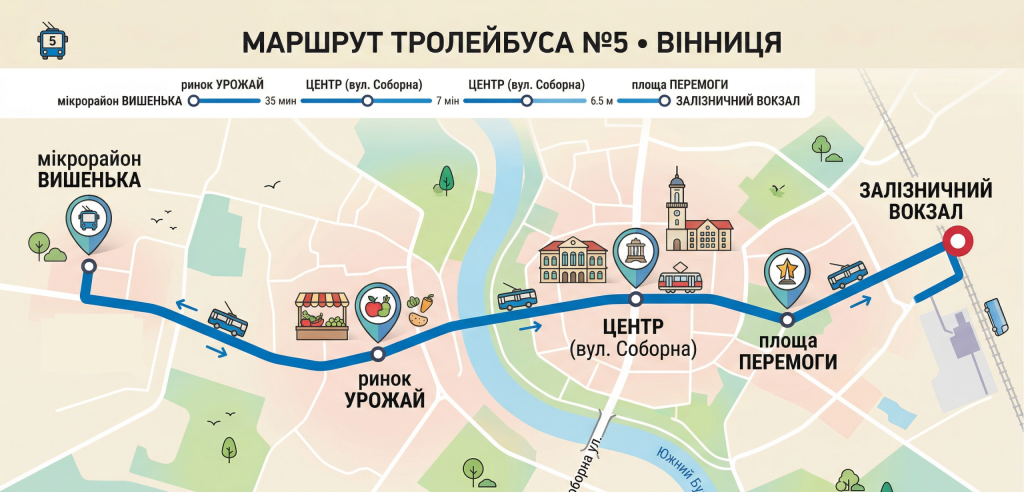 Сучасна інфографіка-схема маршруту тролейбуса №5 у Вінниці: від мікрорайону Вишенька через центр до Залізничного вокзалу з ключовими зупинками.