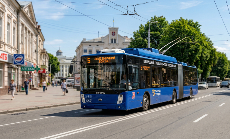 Сучасний синій тролейбус №5 м. Вінниця з написом «Залізничний вокзал» на табло їде вулицею міста у сонячний день.