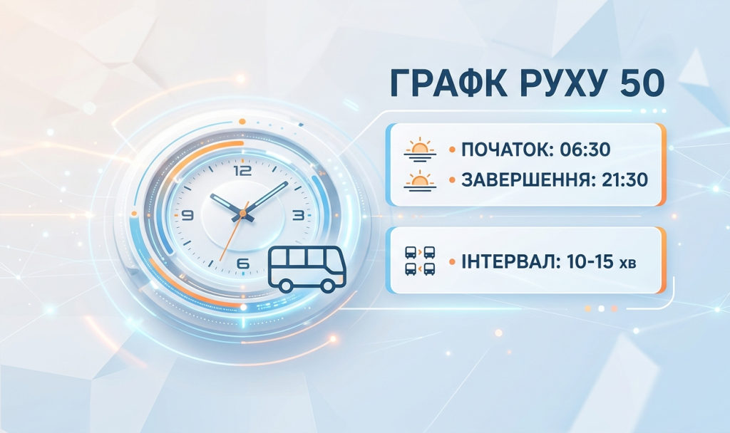 Сучасна цифрова інфографіка, що показує графік роботи 50-ї маршрутки в Івано-Франківську: час початку, завершення роботи та інтервал руху.