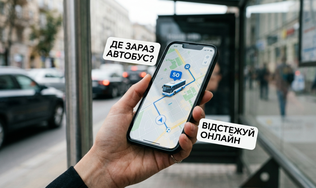 Крупний план руки, що тримає смартфон із відкритим додатком для відстеження громадського транспорту онлайн, показуючи розташування 50-го автобуса в реальному часі.