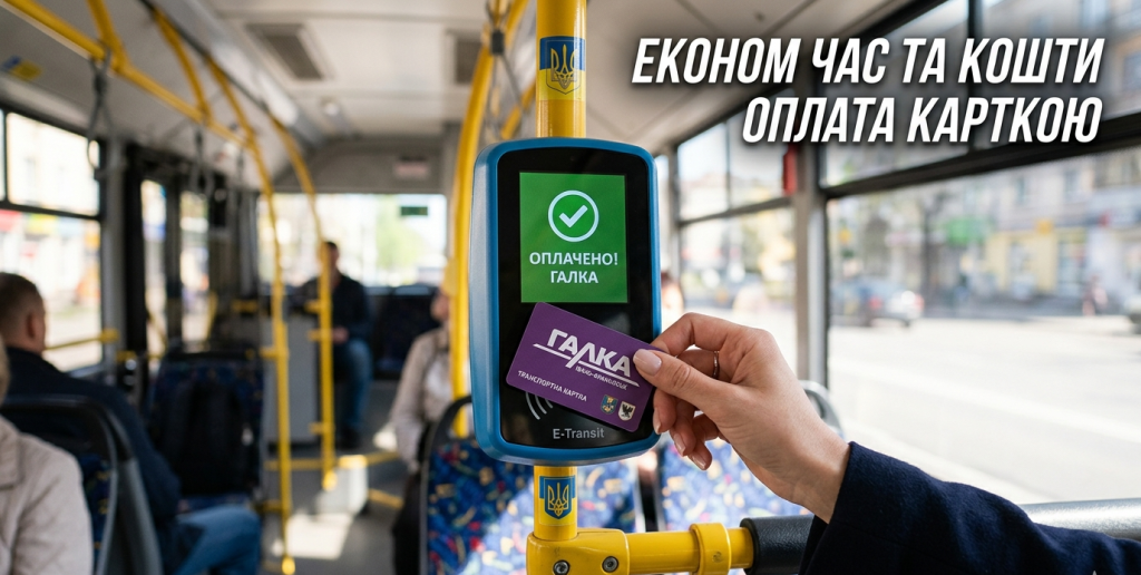 Пасажир в автобусі Івано-Франківська оплачує проїзду, прикладаючи транспортну картку «Галка» до електронного валідатора.