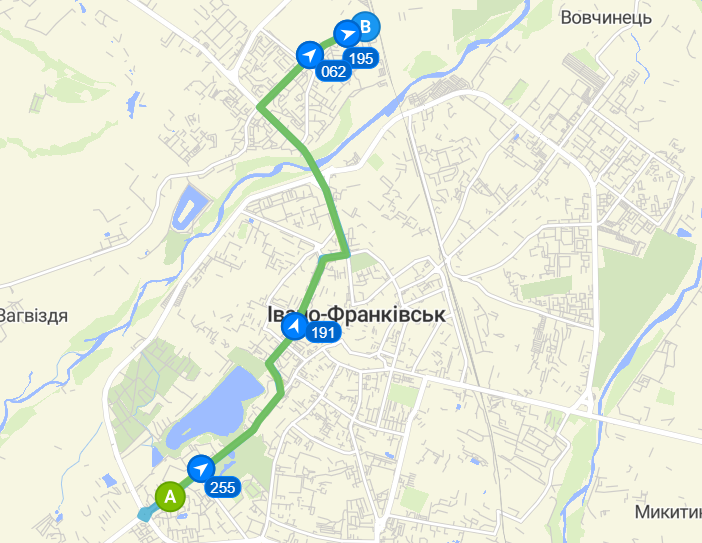 Детальна графічна схема руху тролейбусного маршруту №5 в Івано-Франківську від АС-3 до Тролейбусного депо.
