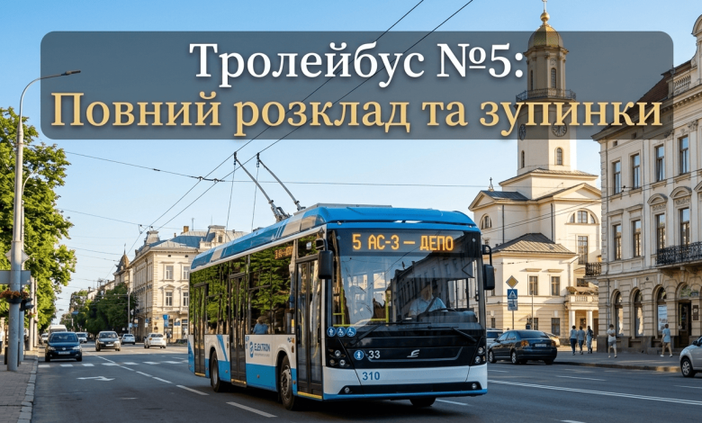 Сучасний тролейбус №5 на вулицях Івано-Франківська з інформаційним заголовком про розклад та зупинки.