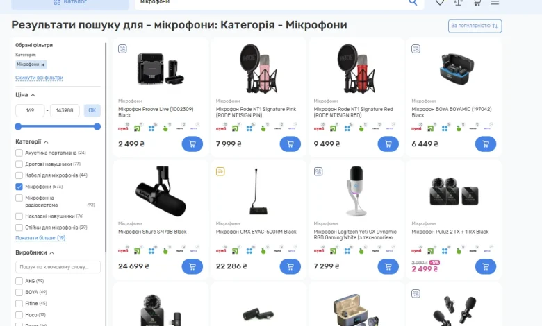 Асортимент мікрофонів на сайті МТА 