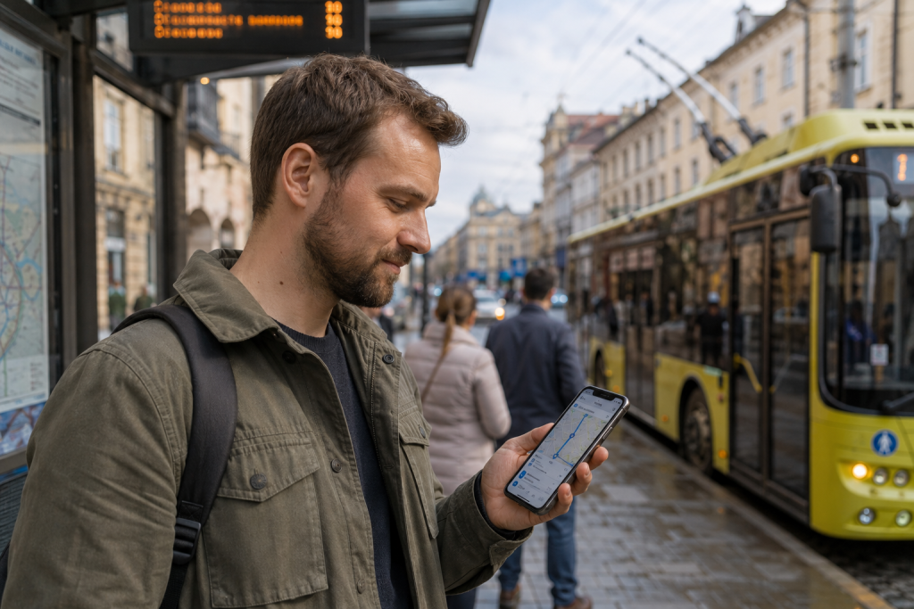 Розклад тролейбуса 9 Львів – людина перевіряє маршрут на смартфоні біля зупинки